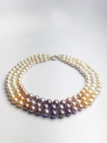Edison Pearl Triple Strand Necklace, Natural Color, 10-13mm