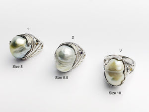Handcarved Sterling Silver South Sea Pearl Rings - Natural Color - Southsea Pearls - Statement Ring (428 Size 8, 9.5, 10)