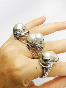 Handcarved Sterling Silver South Sea Pearl Rings - Natural Color - Southsea Pearls - Statement Ring (428 Size 8, 9.5, 10)
