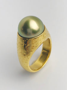 24K Gold - Natural Color - 13.35mm Pistachio Tahitian Pearl - Statement Ring - Size 8.5 - Handmade