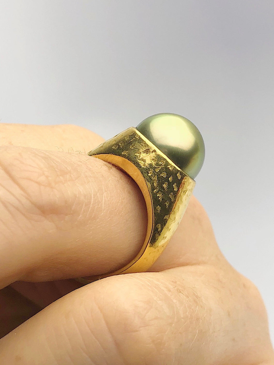 24K Gold - Natural Color - 13.35mm Pistachio Tahitian Pearl - Statement Ring - Size 8.5 - Handmade