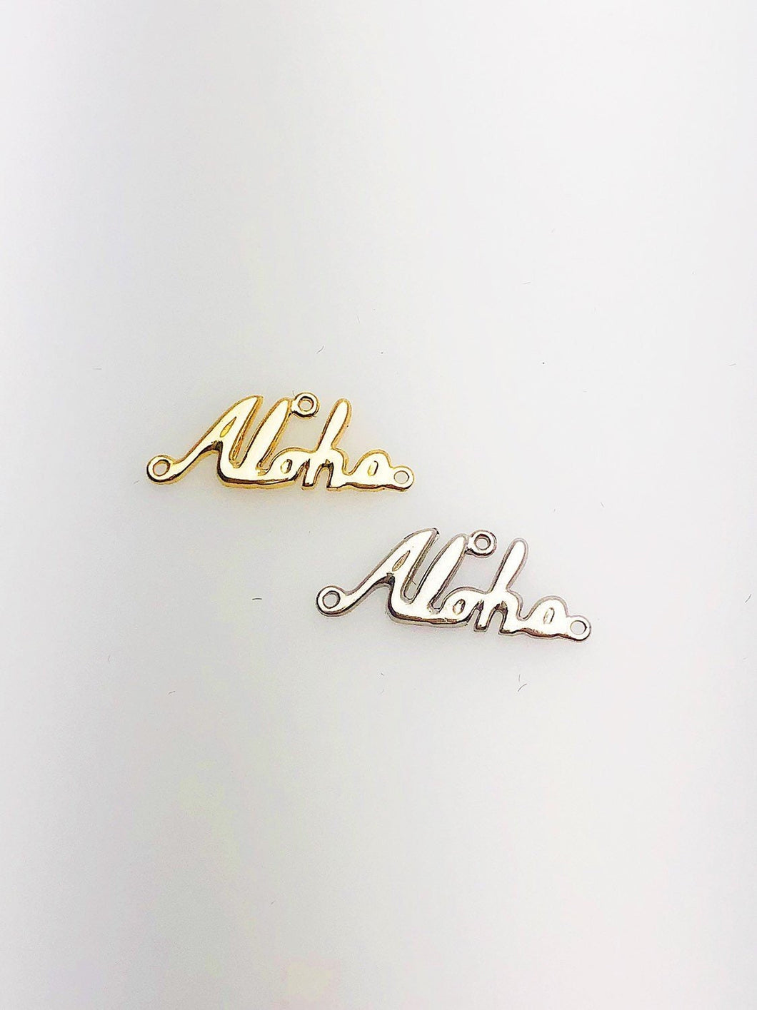 14K Solid Gold Aloha Script Charm w/two Rings, 18.0x6.9mm, Made in USA (L-166)