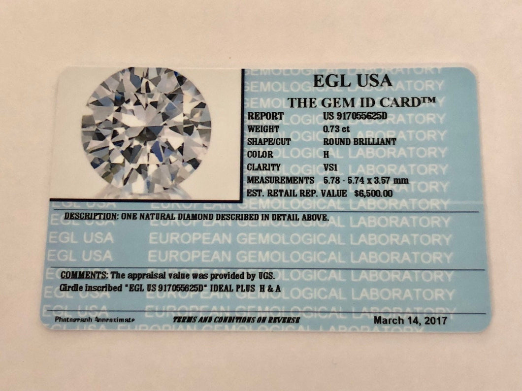 0.73 Carats, Natural Round Brilliant Diamond, EGL USA Certified - US 917055625D