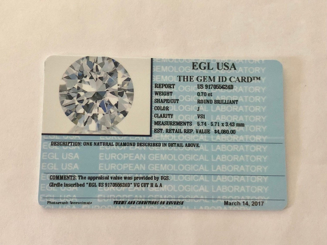 0.70 Carats, Natural Round Brilliant Diamond, EGL USA Certified - US 917055624D