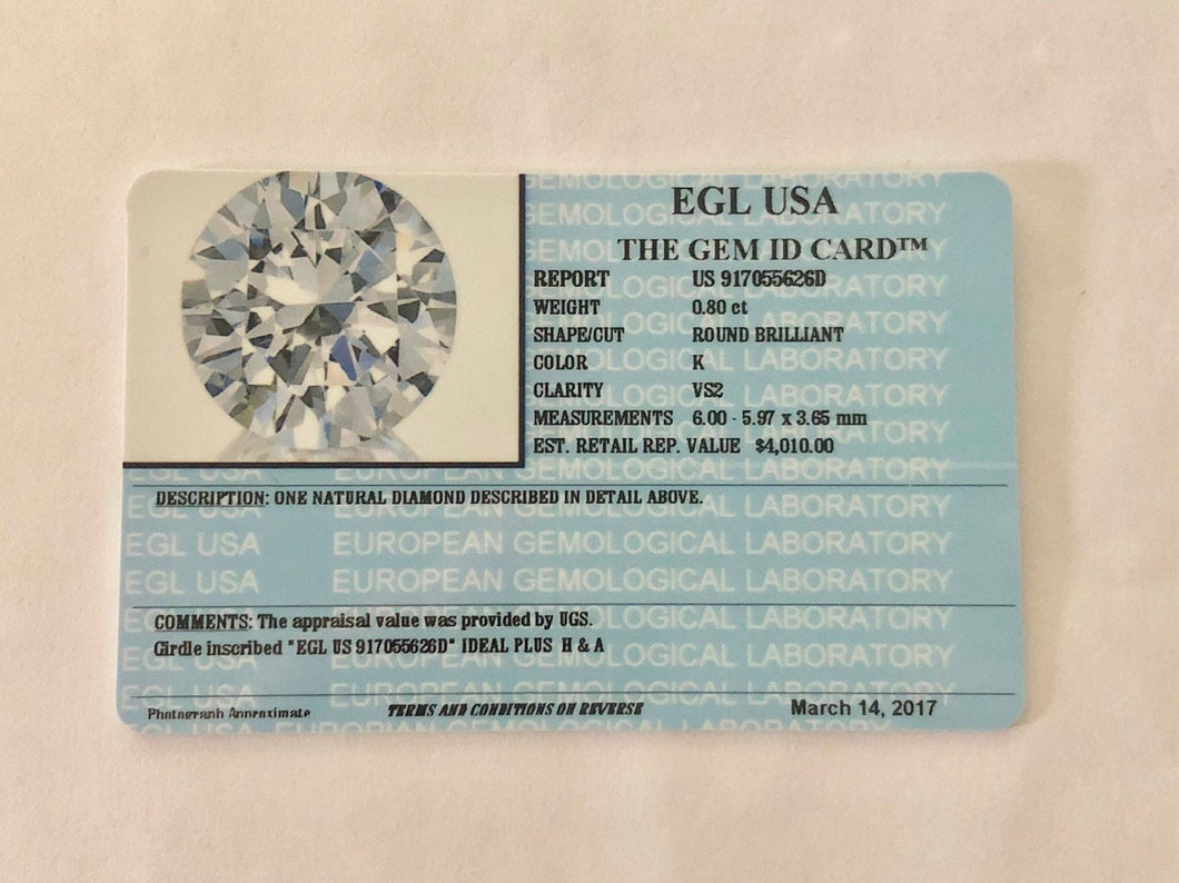 0.80 Carats, Natural Round Brilliant Diamond, EGL USA Certified - US 917055626D