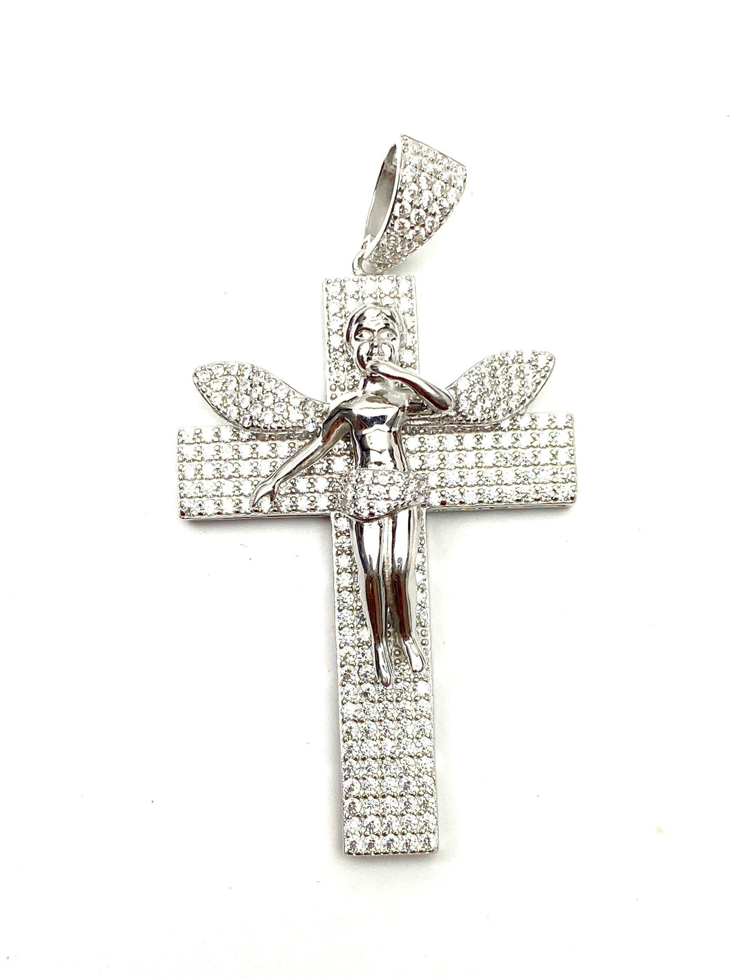 Sterling silver cross pendant with angel, cubic zirconia, SKU# 10030
