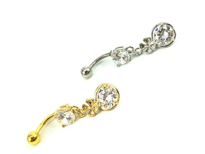 Stainless steel curve bar , double flower gem belly ring, SKU# 10-7