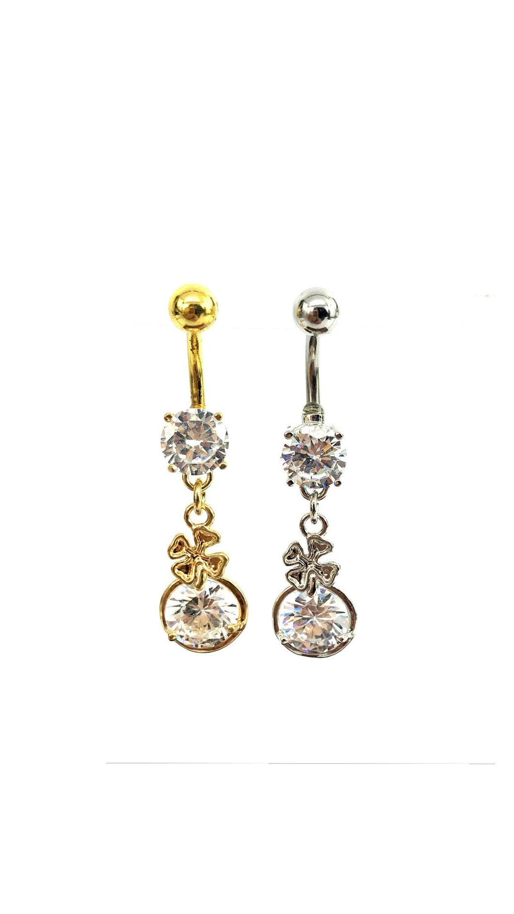 Stainless steel curve bar , double flower gem belly ring, SKU# 10-7