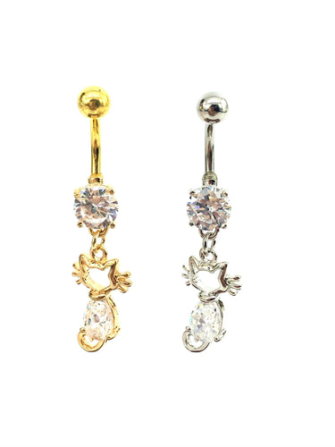Stainless steel curve bar , double cat gem belly ring, SKU# 10-2