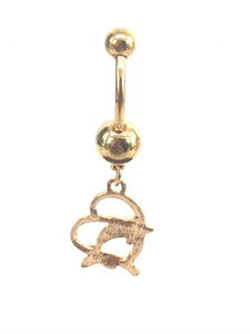 Stainless steel curve bar , dolphin & heart gem belly ring, SKU# NBR034