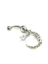Stainless steel curve bar , double moon & star gem belly ring, SKU# NBR002